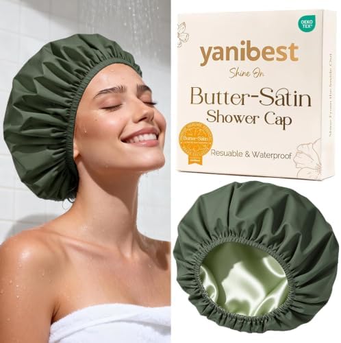 Yanibest Frizz Free Satin Lined Shower Cap with Soft Elastic Band by yanibest