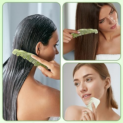 Geiserailie 2 Pcs Jade Combs Gua Sha Stone Scalp Massage Tool - Image 4