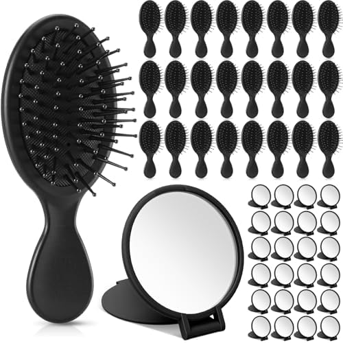 Meanplan 48 Pcs Mini Hair Brush Set 24 Travel Wet Dry Hair Combs Pocket Detangling 24 Compact Folding Makeup Mirrors for Spa Sleepover Birthday Bridal Shower Bachelorette Christmas Party Gift(Black) by Meanplan