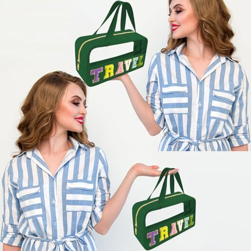 Bunliuys Chenille Letter Clear Makeup Bag Travel Patch, Travel Toiletry Makeup Bag with Handle, Nylon Waterproof Makeup Bags clear cosmetic bag, preppy patch makeup bag for Women (TRAVEL-Dark Green) - Image 6