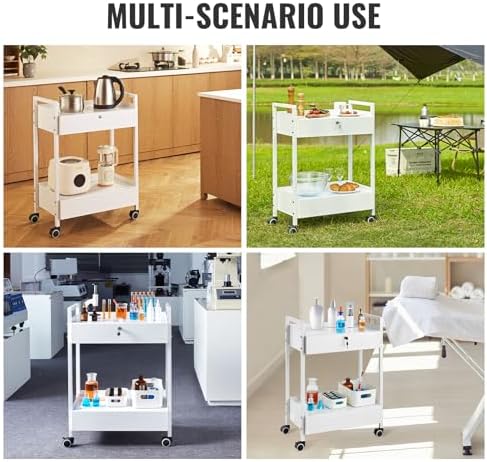 VEVOR Rolling Medical Cart with Lockable Drawer, White Paint Stainless Steel Utility Cart, 2 Tiers Mobile Esthetician Trolley Cart with Swivel Casters for Lab, Hospital, Dental, Salon and Beauty - Image 6
