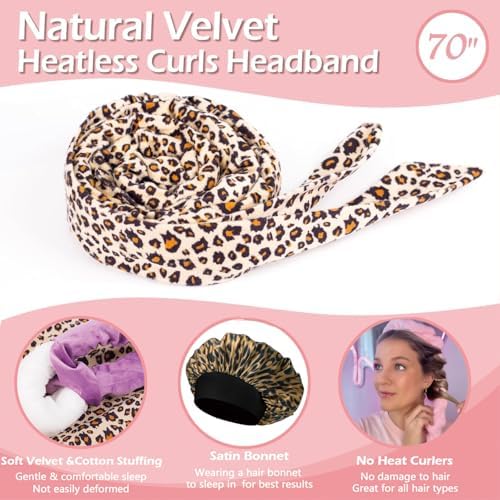 Heatless Curls Overnight Headband, 70'' No Heat Hair Curlers with Hair Bonnet for Sleeping, Leopard - Image 5