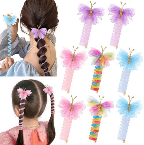 8 Pcs Butterfly Telephone Wire Hair Bands for Kids Girls Colorful Butterfly Spiral Hair Ties Phone Cord for Kids Butterfly Braided Ponytail Hair Bands DH- (Mesh) by RAINBOWWSK