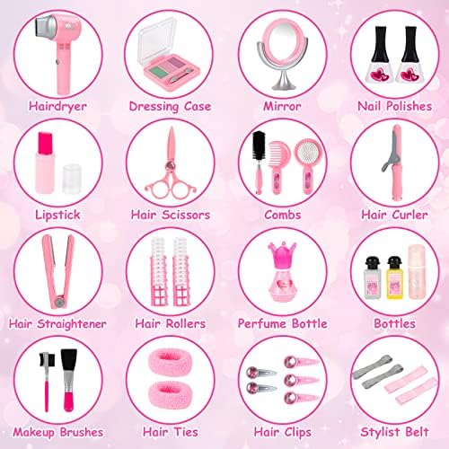 deAO Hair Salon Toys for Girls Beauty Salon Set Kids Pretend Hair Styling Set with Hairdryer, Mirror, Curling Iron and Stylist Accessories for Toddler Makeup Party Christmas (Fake Makeup) - Image 6