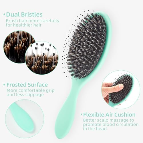 Boar Bristles Hair Brush for Women and Men, Detangling Hair Brush for Smoothing Massage Add Shine, Nylon&Boar Bristles Detangler brush for Hair Healthy (1 Pack-MintGreen) - Image 3