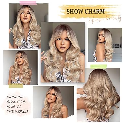 HAIRCUBE Long Blonde Wigs for Women Wave Curly Wig with Bangs Natural Brown Roots Synthetic Wigs for Daily Use Cosplay - Image 5