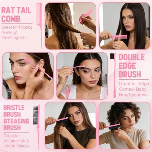 auroray 16 Pcs Pink Hair Brush Set for Women Girls - Scalp Scrubber with Handle, Detangle Hair Brush, Spray Bottle, Edge Bristles Wide Tooth Brushes Rat Tail Comb for Travel Home Use Hair Stuff - Image 7