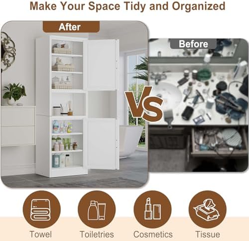 67" Tall Narrow Bathroom Storage Cabinet, Metal Pantry Cabinet, White - Image 5