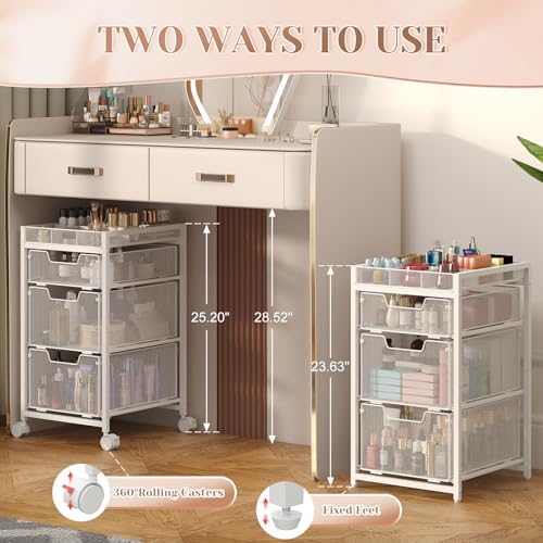 JKsmart Rolling Makeup Cart Organizer with 3 Drawers, Cosmetics Display with Dividers, Floor Skincare Storage with Wheels, Versatile Vanity Organizer for Nail Polish Perfume Brush Hair Tool, White - Image 5