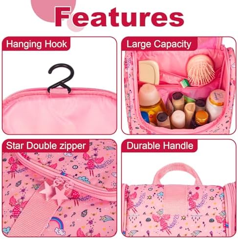 Remobia Hicol Cute Cartoon Hanging Kids Toiletry Bag Children Travel Cosmetic Makeup Organizer Wash Bag Shower bag Over Night Bag Camping Shaving Kit Bag for Boys & Girls(Fairy) - Image 4