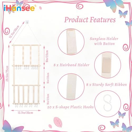 Headband Holder Hair Bow Organizer for Girls W/ 20 Hooks, 8 Ribbons - Image 2