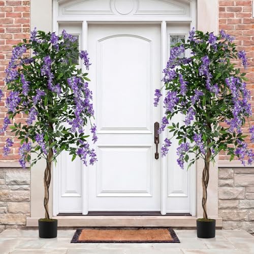Goplus 6FT Ficus Artificial Tree, 2 Pack Faux Wisteria Tree in Nursery Pot with Purple Lifelike Flowers, Fake Potted Tree Greenery Floor Plant for Indoor Home Office Porch Living Room Decor - Image 2