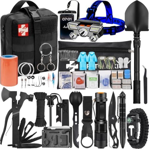 Emergency Survival Kit and First Aid Kit, Camping First Aid Survival Kit with Molle Pouch for Preparedness Outdoor Adventure, Black by GPUSFAK