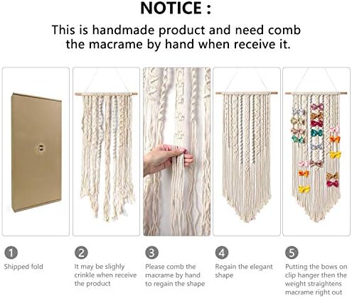 Mkono Macrame Hair Bow Holder Hanging Hair Clips Hanger Headband Storage Organizer Fringe Boho Wall Decor Tassels Bow Organizer for Baby Girls Room Ornament Gift,Ivory(Clips Not Included) - Image 6