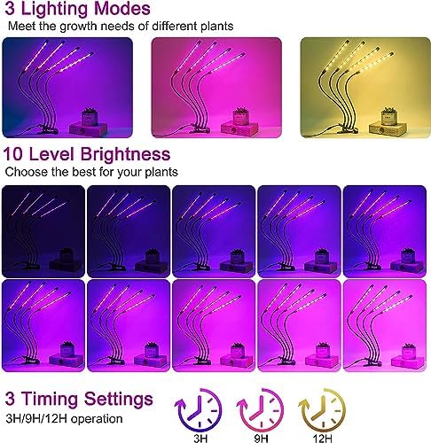 LED Grow Lights for Indoor Plants 2-Pack, Full Spectrum & Red Blue Spectrum Plant Growing Lamps with 3/9/12H Timer, 10 Brightness Levels, Clip-on Desk Plant Lights for Seedlings, Succulents, Flowers - Image 6