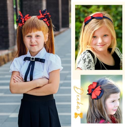DEEKA Navy Blue & Red School Hair Accessories Set 13 Pcs Uniform Hair Bow Headband Clips Hair Ties Curly Korker Bows for Little Toddler School Girls (Navy Blue&Red) - Image 4