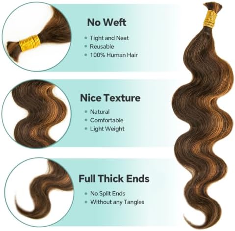 YWIGS Body Wave Bulk Human Braiding Hair for Boho Braids 50G #4/30 18inch - Image 2