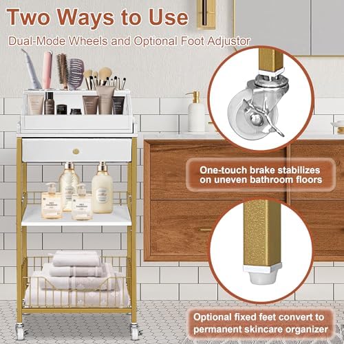 Makeup Organizer Cart, Rolling Vanity Storage, Gold and White - Image 5