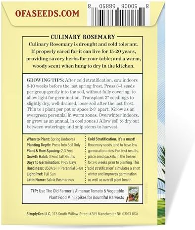 The Old Farmer's Almanac Heirloom Culinary Rosemary Herb Seeds - Premium Non-GMO, Open Pollinated, Drought & Cold Tolerant (1 Packet - 200 MG - Approx 180 Seeds) - Image 3