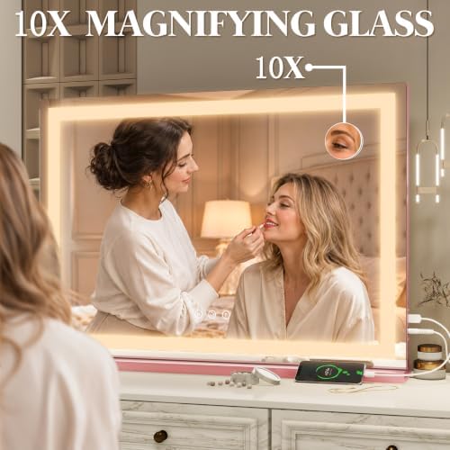 FENNIO Vanity Mirror with Lights 32''x22'' Makeup Mirror with Lights,Lighted Makeup Mirror with 10X Magnification and USB，Smart Touch Screen with 3-Color Lighting,Dimmable（Square Pink） - Image 5