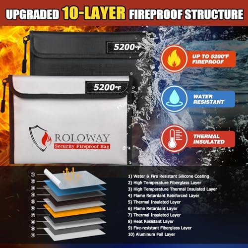 ROLOWAY Fireproof Bag (9.6 x 6.6 inches) 5200℉ Heat Insulated, Fireproof Money Bag with Zipper for Cash (2-Pack) - Image 2
