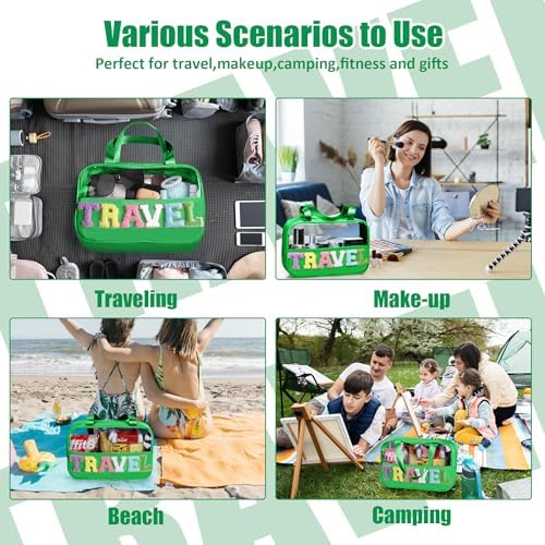 BuyCard Chenille Letter Patch Clear Travel Bags, Preppy PVC&Nylon Makeup Bag with Handle and Zipper, Waterproof Large Clear Travel Toiletry Bag Storage Bag for Women Girls Deep Green - Image 5