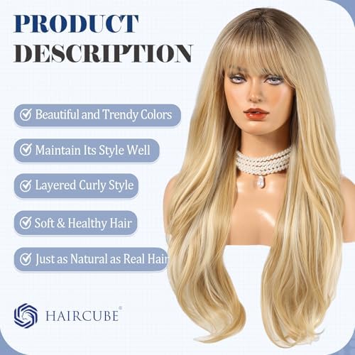 HAIRCUBE Long Blonde Wig with Bangs Layered Curly Wigs for Women Natural Synthetic Wigs for Daily Use (pelucas de cabello natural) - Image 3