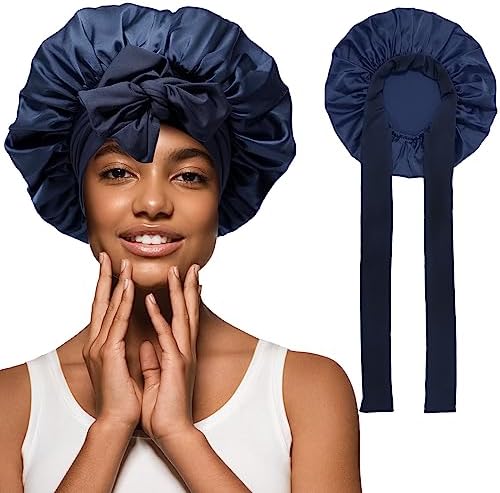 AWAYTR Wide Band Satin Bonnet, Tie-Band Sleep Cap for Curly Hair Women Navy by AWAYTR