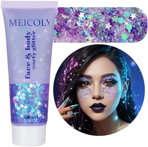 MEICOLY Light Purple Hair Glitter,Game Day Spirit Day Wear Purple Face Glitter,Self-Adhesive Holographic Chameleon Halloween Body Glitter Face Paint,Mermaid Glitter Makeup for Festival by MEICOLY