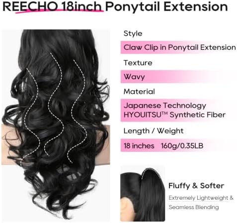 REECHO Ponytail Extension, 18" Clip in Ponytail Hair Extensions for Women, Short Wavy Synthetic Pony Tail Hairpiece for Daily Wear Cheer Dance,Natural Black - Image 2