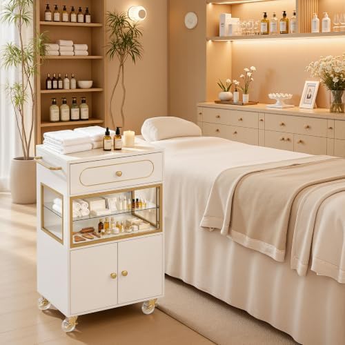 BarberPub Salon Trolley Cart with Drawer & Lockable Wheels 2077(White) - Image 2
