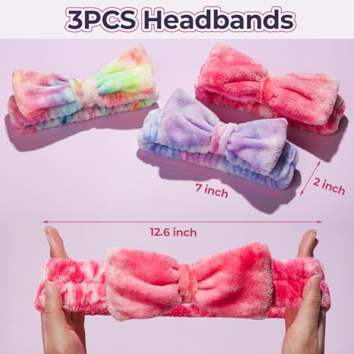 LEOBRO 3pcs Spa Headbands, and 3pcs Hair Srunchies, Hot Pink/Rainbow/Violet - Image 2