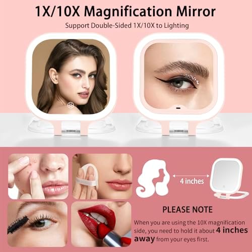 7" Travel Makeup Mirror with Lights & 1X/10X Magnifying Vanity Mirror-Pink - Image 2