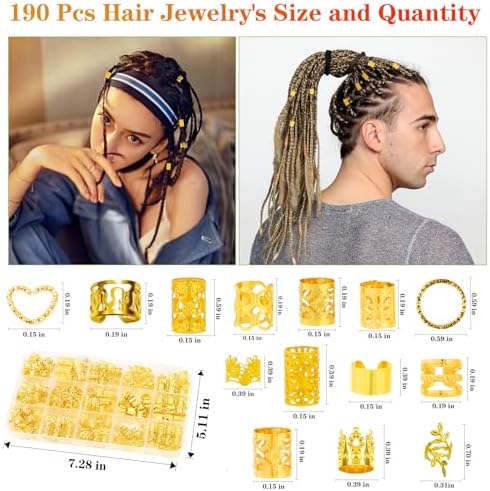 190 Pcs Gold Hair Jewelry for Braids & Dreadlocks - Loc Jewelry with Ring Cuffs, Clips, Charms & Decorations for Men, Women & Girls - Image 2