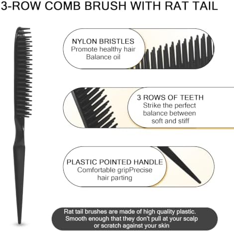 SIMPOR 3 Row Hair Comb for Natural Detangling, Hair Styling Brush, Nylon Bristle Unbraider Teasing Rat Tail Comb for Women Men Black and Blue - Image 2