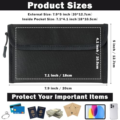 Fireproof Waterproof Document Bag - 5200°F Water Resistant Fire Proof Money Bag, 3 Layers of Heat Insulated Storage with Zipper, 7.9"x5" Portable Files Safe Pouch for Cash Passport (Black) - Image 2