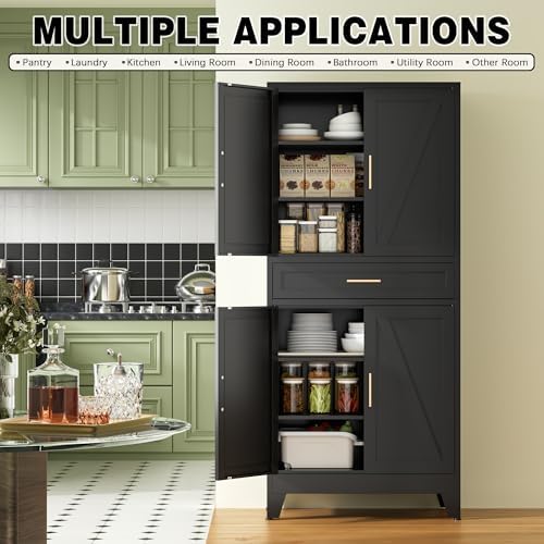 COFaR 71" Tall Metal Storage Cabinet with 4 Doors and 4 Adjustable Shelves, 6-Tier Farmhouse Storage Cabinet with Drawers and Legs, for Office, Home, Garage, Gym, School, Living Room, Hallway（Black） - Image 3