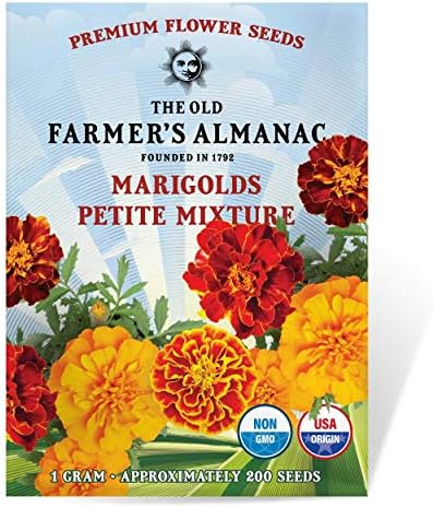 The Old Farmer's Almanac Petite Mixture Marigold Seeds - Premium Non-GMO, Open Pollinated, USA Origin - Approx 200 Flower Seeds by TheOldFarmersAlmanac