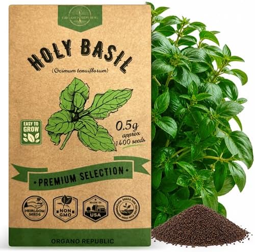 Organo Republic Holy Basil Seeds Pack 0.5 G - Over 1,400 Non-GMO Heirloom Basil Seeds for Planting Herbs in Individual Seed Packet, Herbs Seeds for Planting Home Garden Indoor & Outdoor Gardening by OrganoRepublic