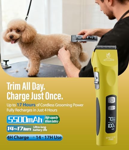 Professional Dog Grooming Clippers with 17H Runtime & Replaceable 440C Blade, 5-Speed Low Noise Electric Dog Shaver for Thick, Matted, Curly Hair, Cordless Clipper for Groomer & Home Use, Yellow - Image 2