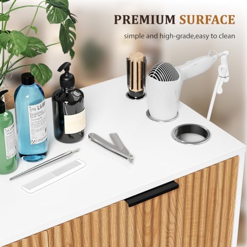 OmySalon Salon Station, Barber Station with 4 Drawers & 3 Hair Dryer Holders, Modern Retro Style Free Standing Cabinet, Storage Styling Stations for Barbershop Beauty SPA, White - Image 6
