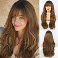 HAIRCUBE Long Ombre Brown with Highlight Wig with Bangs Layered Curly Wigs for Women Natural Synthetic Wigs for Daily Use (pelucas de cabello natural) by HAIRCUBE