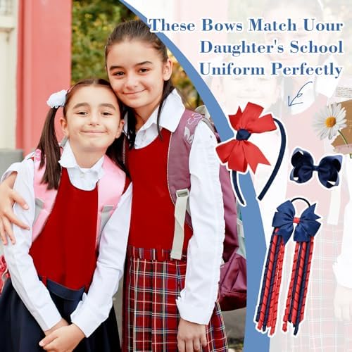 DEEKA Navy Blue & Red School Hair Accessories Set 13 Pcs Uniform Hair Bow Headband Clips Hair Ties Curly Korker Bows for Little Toddler School Girls (Navy Blue&Red) - Image 3