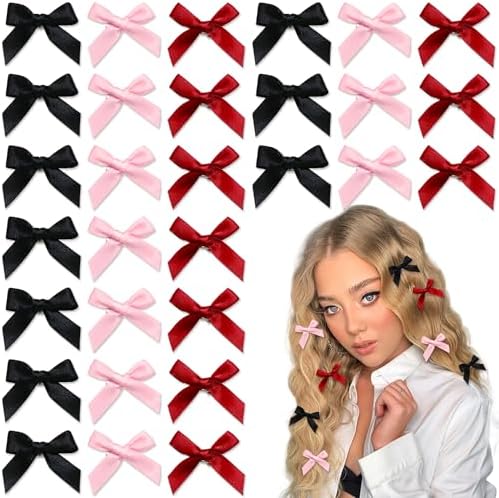 30PCS Small Hair Bows Black Mini Bow Hair Clips Satin Mini Pink Bows Coquette Barrettes Hair Accessories for Women Girls by YAEISM