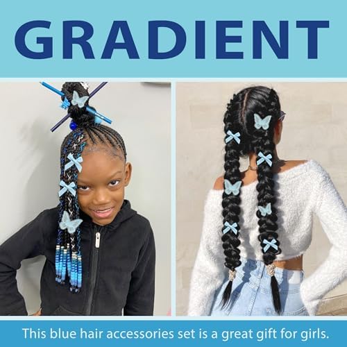 100PCS Hair Beads 2 Sizes Lace Butterfly Hair Clips Mini Hair Bows Hair Beading Tool Set Blue Cute Bow Barrettes Quick Braid Beaders for Kids and Girls - Image 2