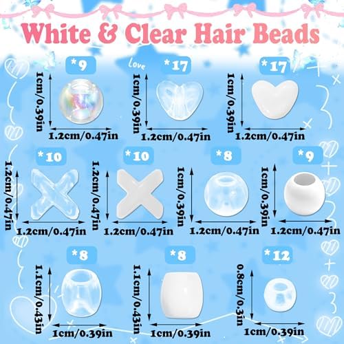 NAISKA 108PCS White Hair Beads Clear Beads for Hair 10 Styles Loc Bead Acrylic Assorted Bead Transparent Loc Jewelry Cute Braids Accessories for Kids Girls - Image 4