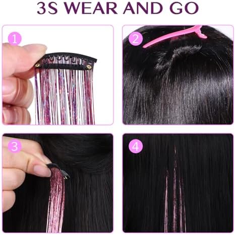 IDN BEAUTY Hair Tinsel Clip In Pink Sparkle Hair Extensions 24 Inch 6pcs - Image 3