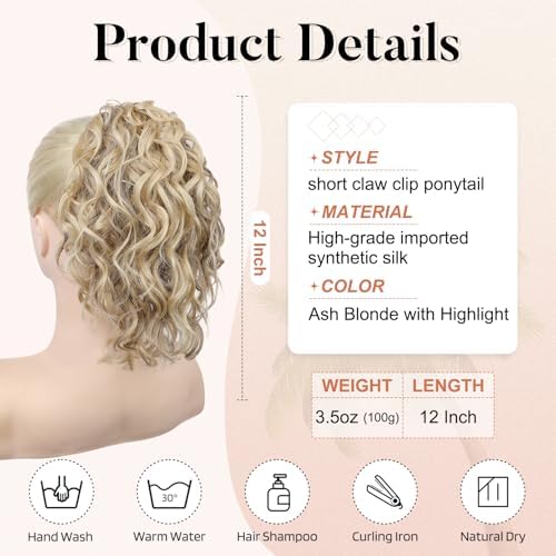 Flufymooz Ponytail Extension, 12" Short Claw Ponytail Extension Wavy Curly Jaw Clip in Pony tails Hair Extension Natural Synthetic Hairpiece for Women (Ash Blonde with Highlight) - Image 3