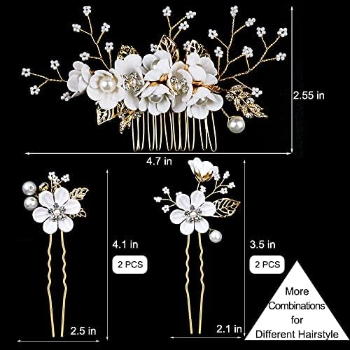 5 PCS Bridal Flower Wedding Hair Pins Crystal Pearl Hair Clips Headpiece Gold Wedding Hair Accessories Jewelry with Rhinestone for Brides Bridesmaids Women Girls Updo (Pure White Flower) - Image 3
