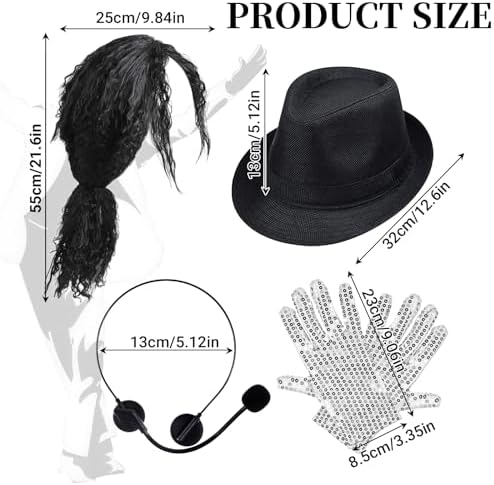 80s Pop Rockstar Dance Costume Accessories,Balck Curly Wig Sequins Gloves Sunglasses Performance Costume Kit - Image 2